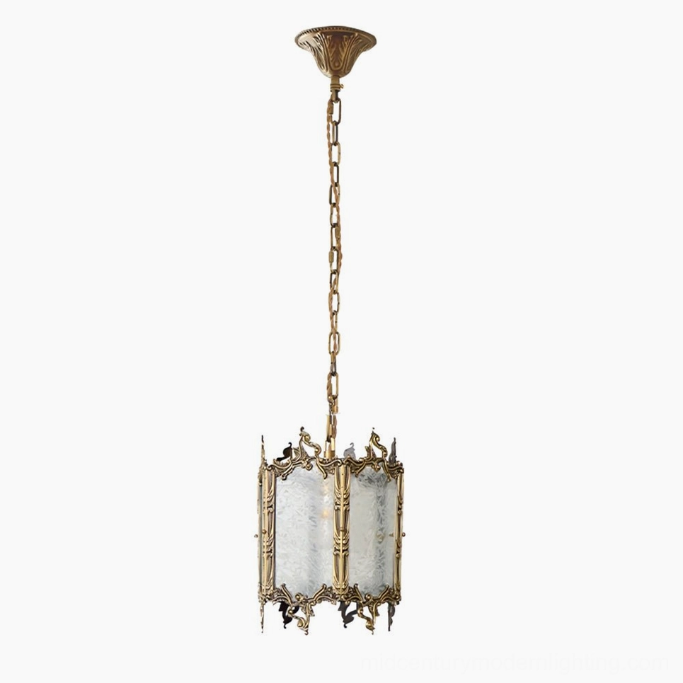 Vintage brass lantern pendant light with antique finish and ornate decorative metalwork, detailed architectural lighting design