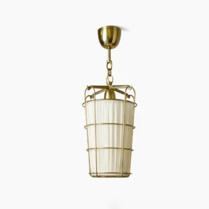 Caged pendant chandelier with brass frame and pleated off-white fabric shade, front view on white background