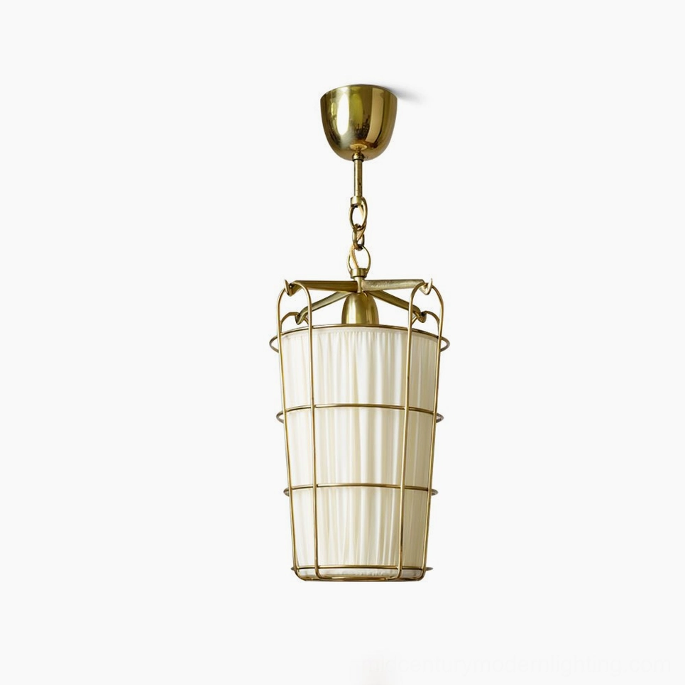 Caged pendant chandelier with brass frame and pleated off-white fabric shade, front view on white background