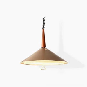 Vintage cone-shaped pendant light in caramel matte finish, front studio view showcasing mid-century modern design