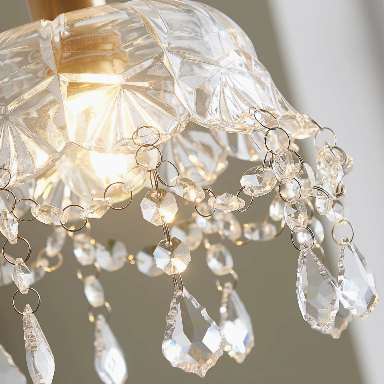 Vintage crystal glass pendant light, full fixture view with pressed floral glass dome