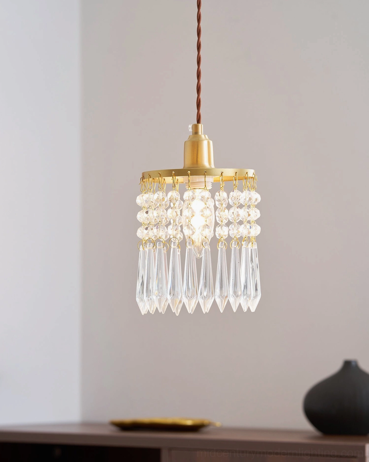 Vintage crystal pendant light fixture full view with installation hardware