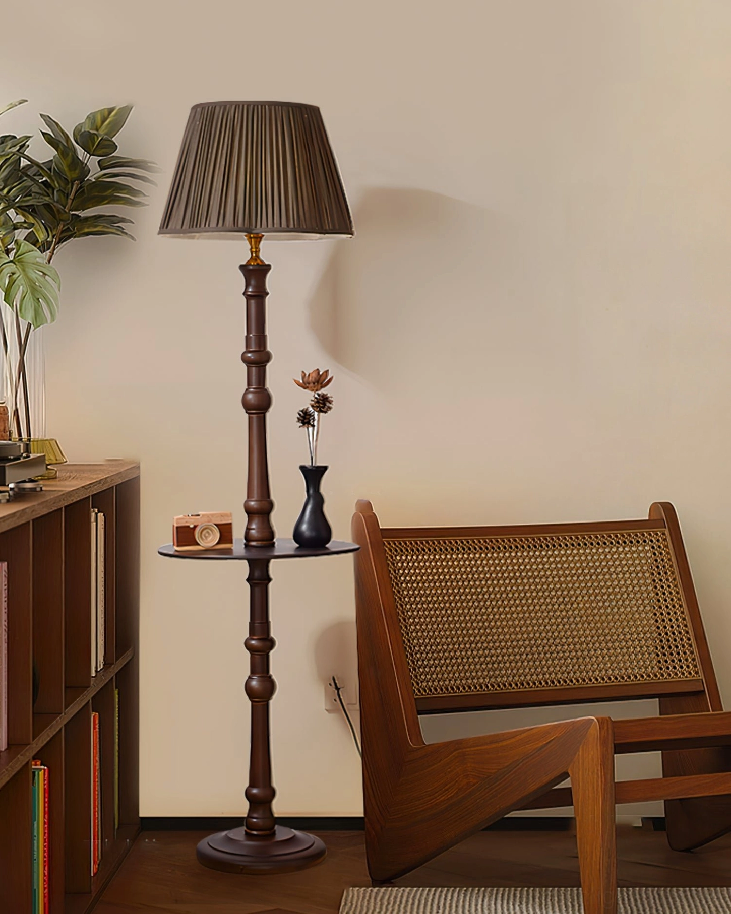 Vintage Floor Lamp with pleated fabric shade and wooden pole, product showcase view