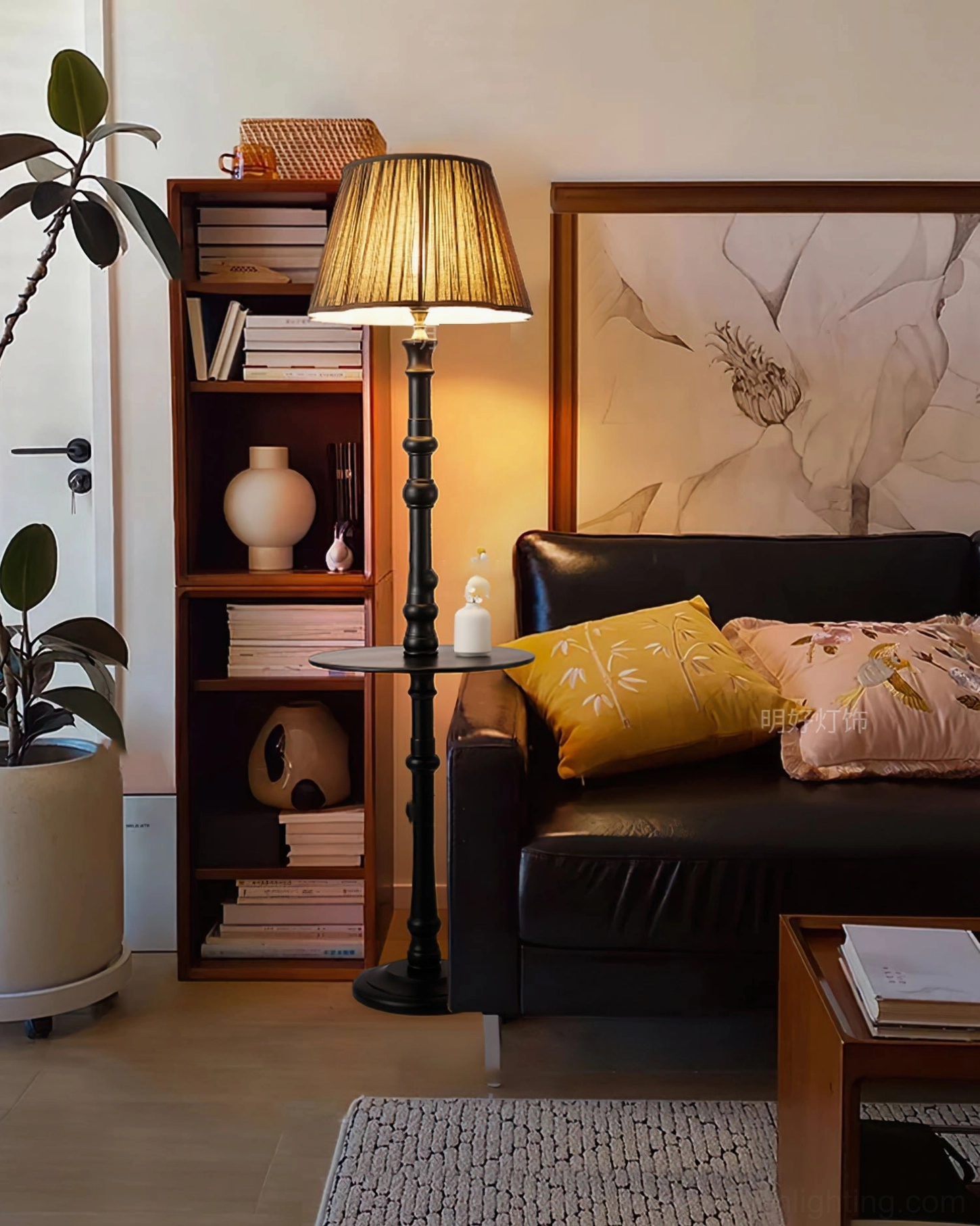 Vintage Floor Lamp with integrated side table in modern living room next to leather sofa