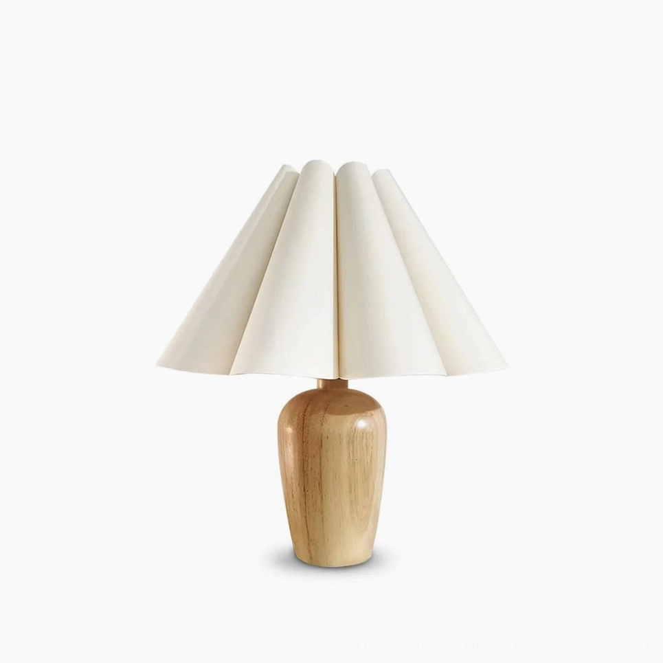 Vintage fluted beige table lamp with wooden base, studio shot on pure white background showcasing pleated linen shade design