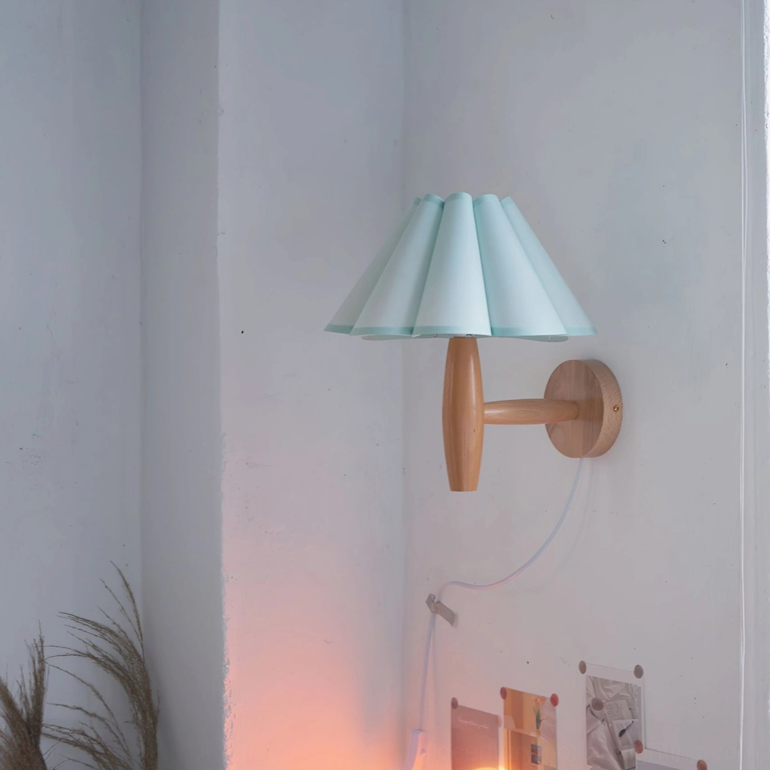 Vintage fluted wall lamp renter-friendly plug-in design with power cord and switch detail