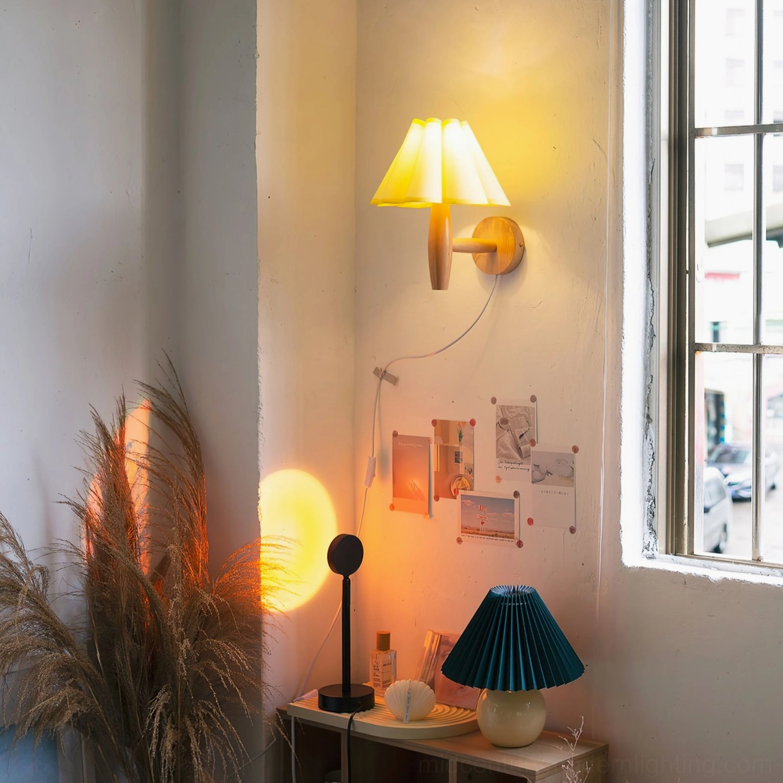 Studio view of vintage fluted wall lamp with multiple pleated shade colorway variations