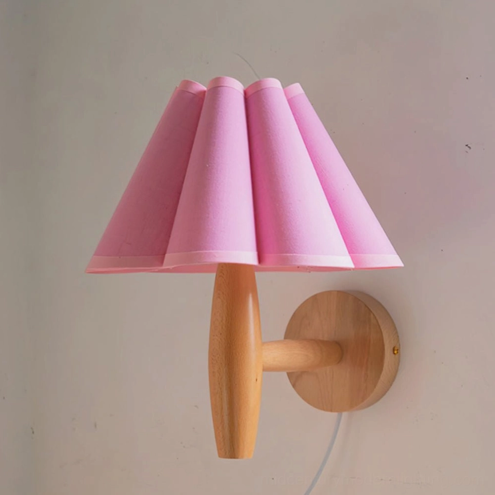 Vintage fluted wall lamp with pink pleated fabric shade, mid-century modern style