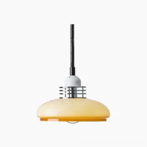 Vintage beige and orange gradient glass pendant lamp, mid-century modern design with chrome metal hardware, front view on white background