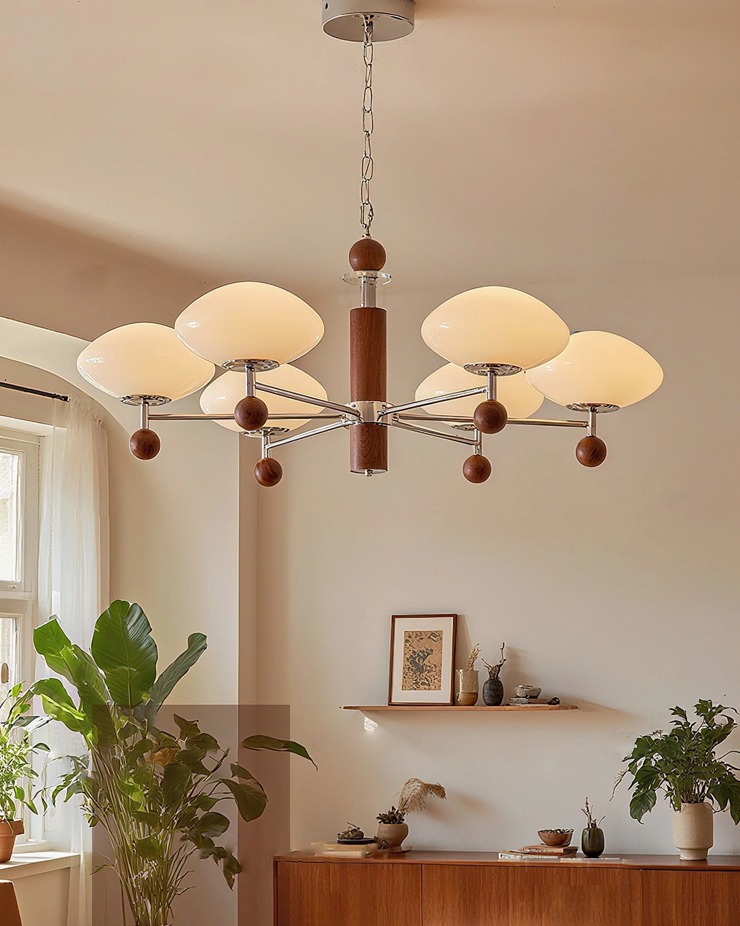 Vintage living room with pointed chandelier - mid-century modern pendant light near wooden shelf and architectural wall design