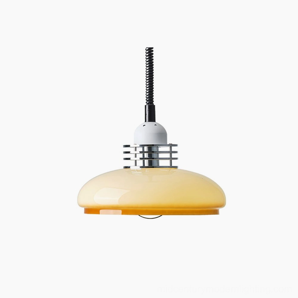 Vintage beige and orange gradient glass pendant lamp, mid-century modern fixture with chrome metal hardware showcase
