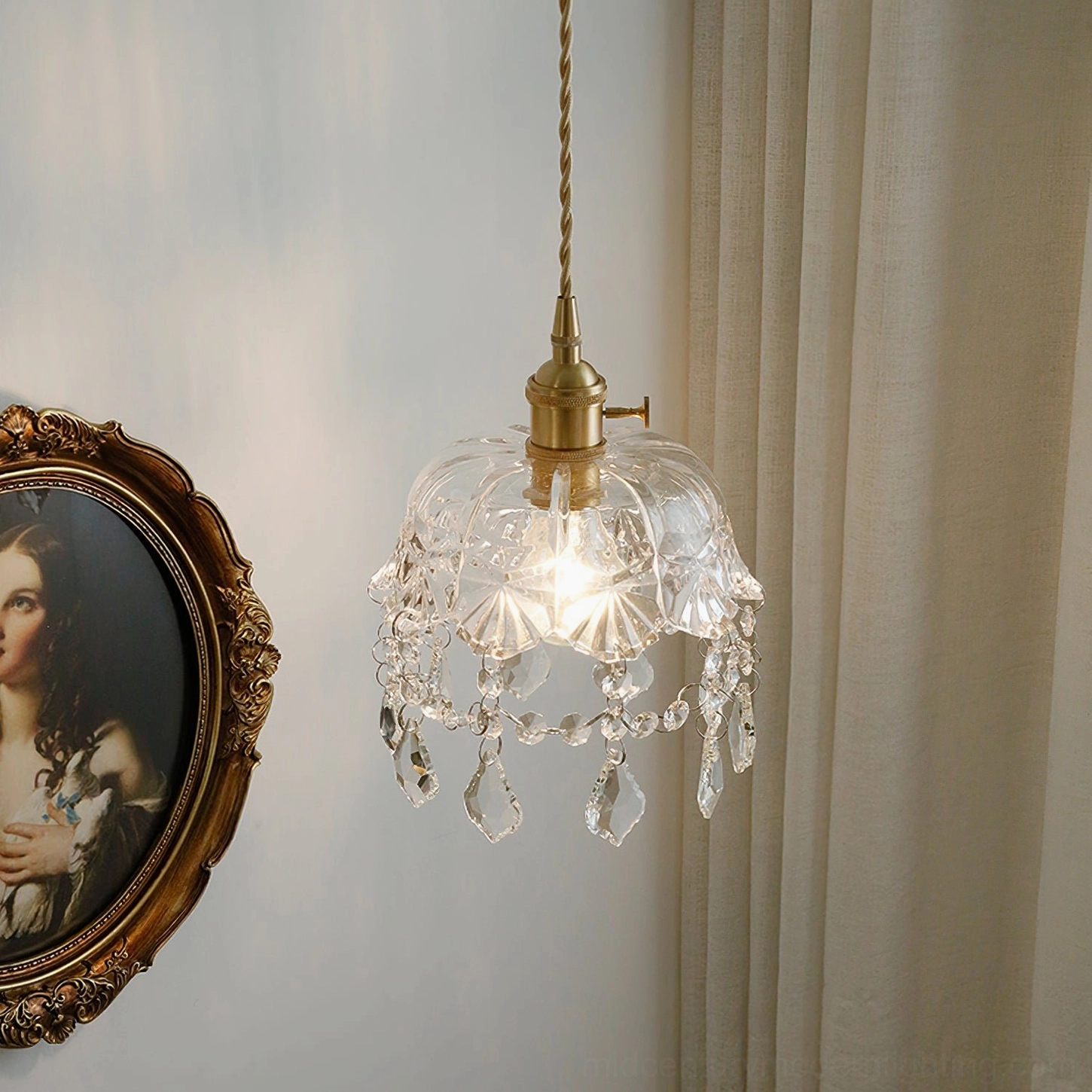 Vintage crystal glass pendant light in home interior, decorative accent lighting fixture