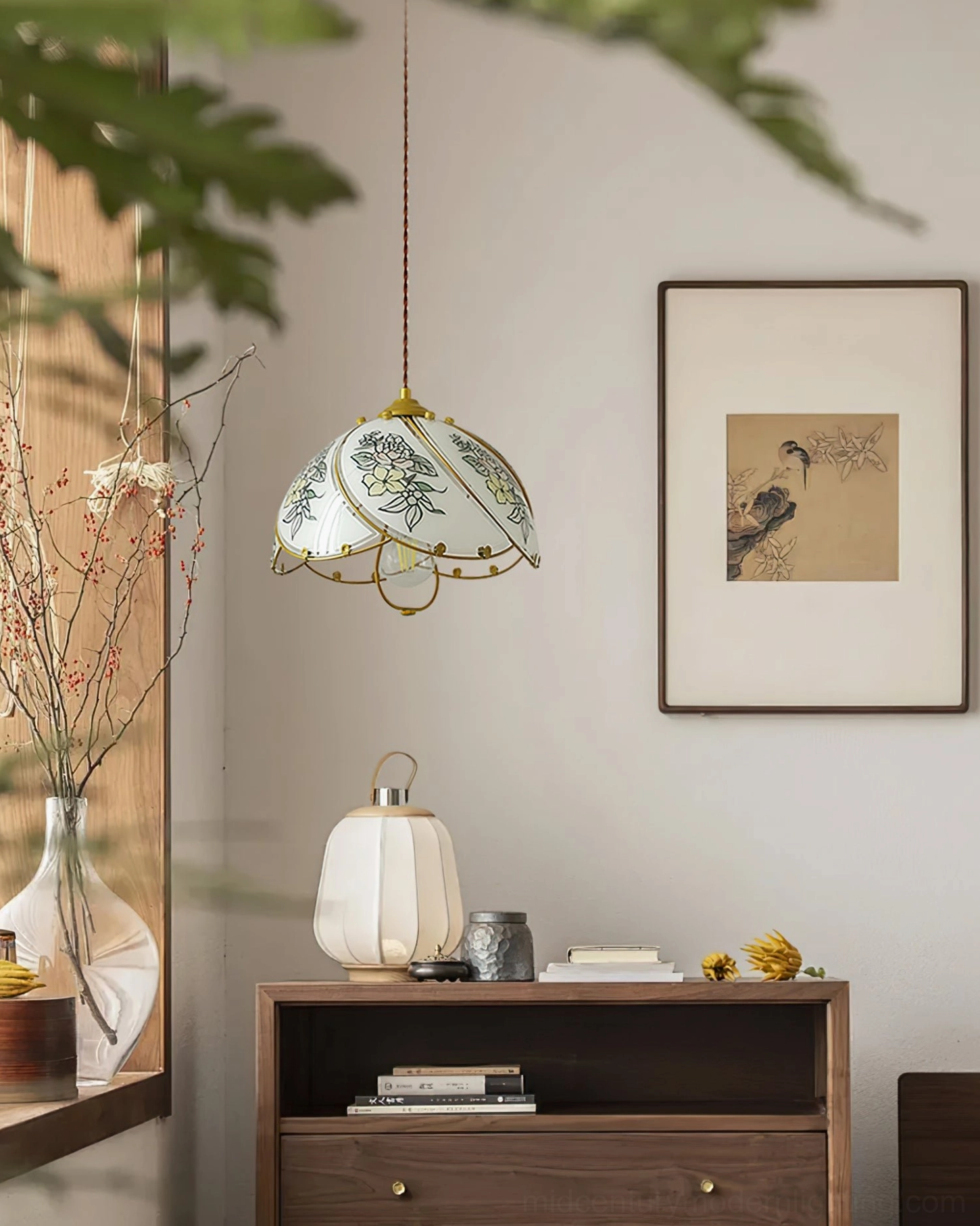 Stained glass lily pendant lamp installed in vintage entryway above wooden console table, warm ambient lighting creating cozy entrance