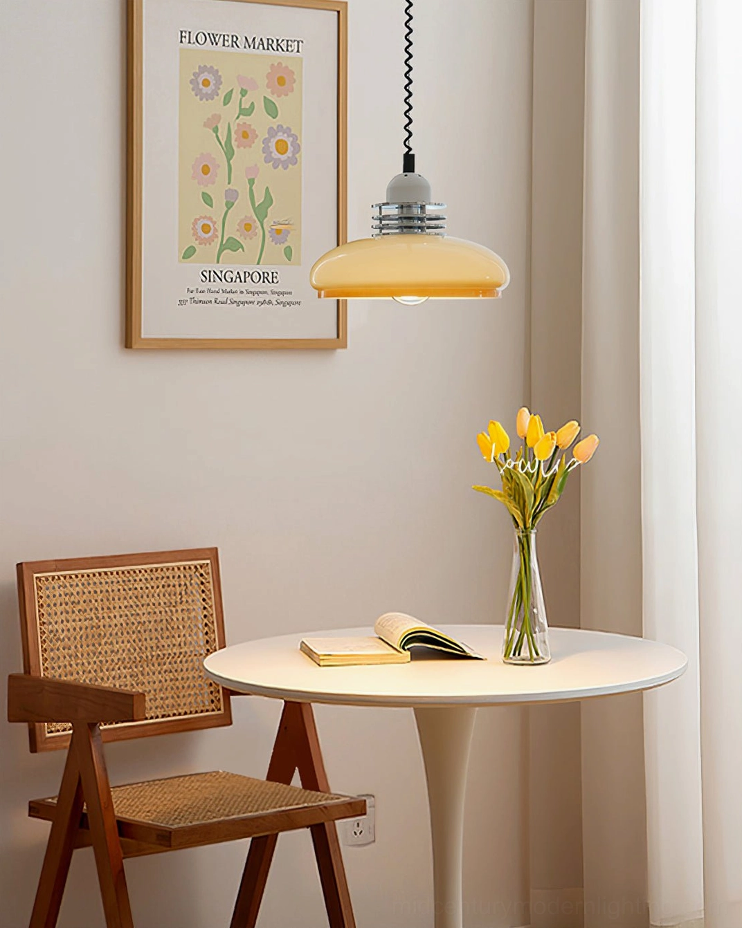 Full-length profile view of vintage beige orange gradient pendant lamp highlighting proportions and chrome hardware