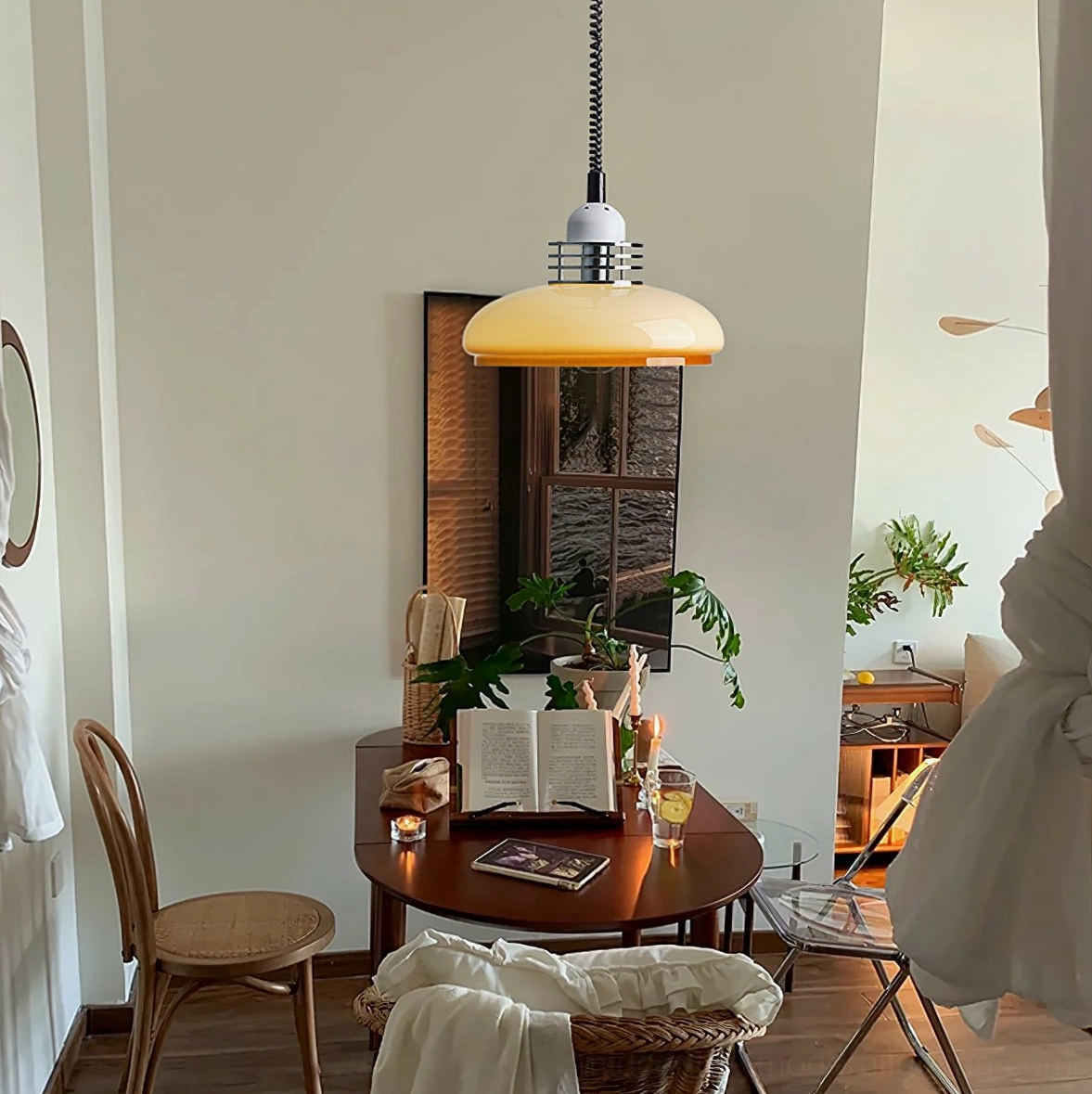 Vintage mid-century modern pendant lamp in context, demonstrating how beige orange gradient enhances warm interior atmosphere