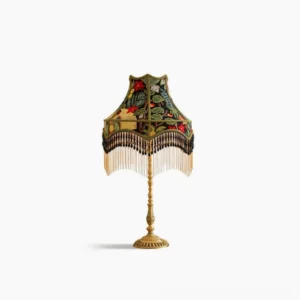 Vintage peony silk table lamp with brass base and hand-bound botanical shade featuring tassel trim, full front view against white background