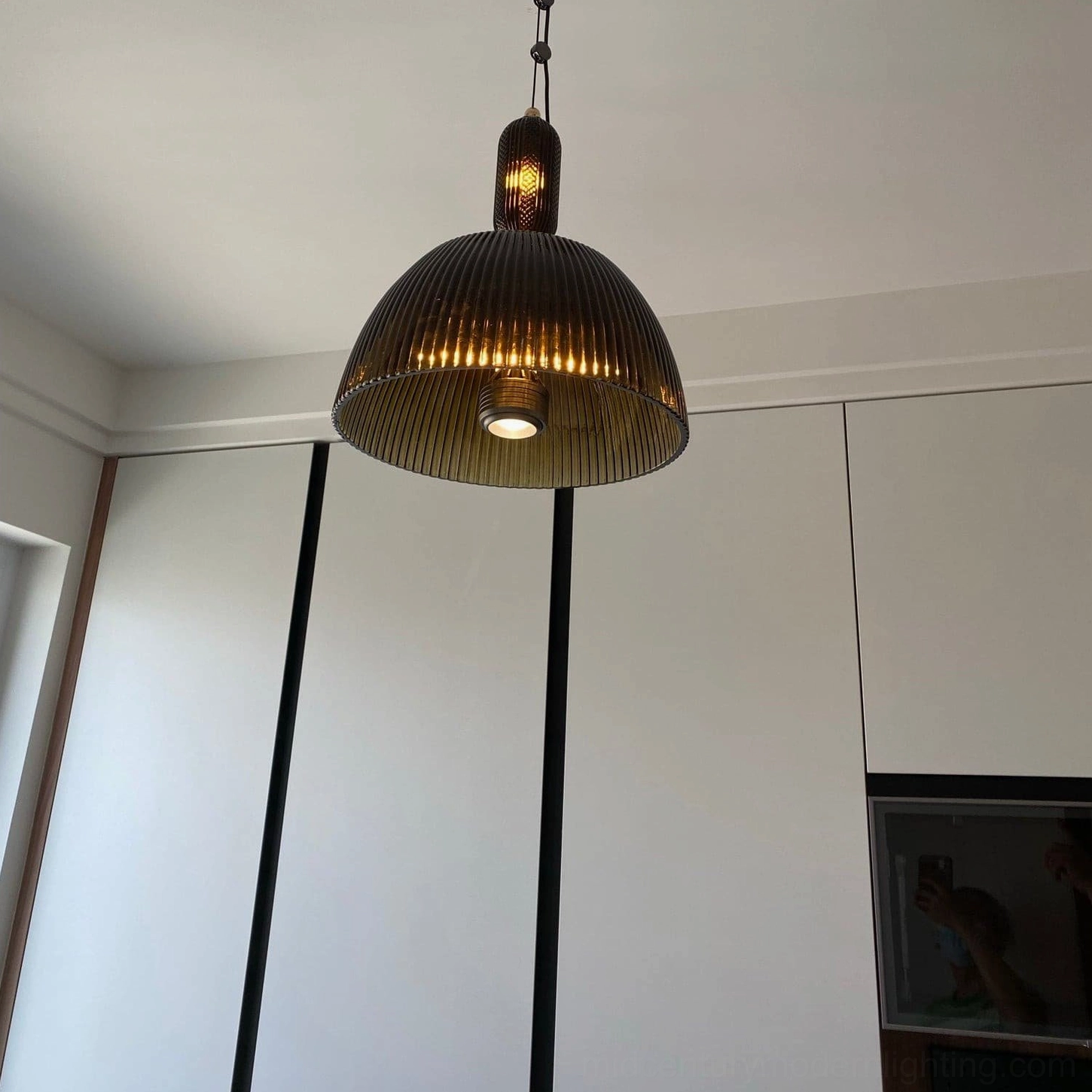 Vintage ribbed glass pendant lamp showing authentic mid-century modern silhouette and design proportions