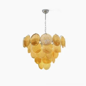Vintage yellow round Murano glass disc chandelier with chrome frame, studio view showcasing tiered amber glass discs and warm marbled finish