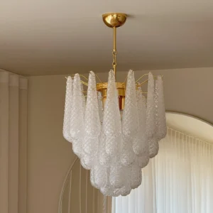 Viola Drop Chandelier installed on ceiling with polished gold hardware and frosted glass pendants, low-angle upward view in residential interior