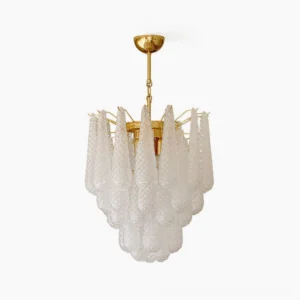 Viola Murano Glass Drop Chandelier with hand-blown teardrop glass shades and gold metal frame, studio product shot on white background