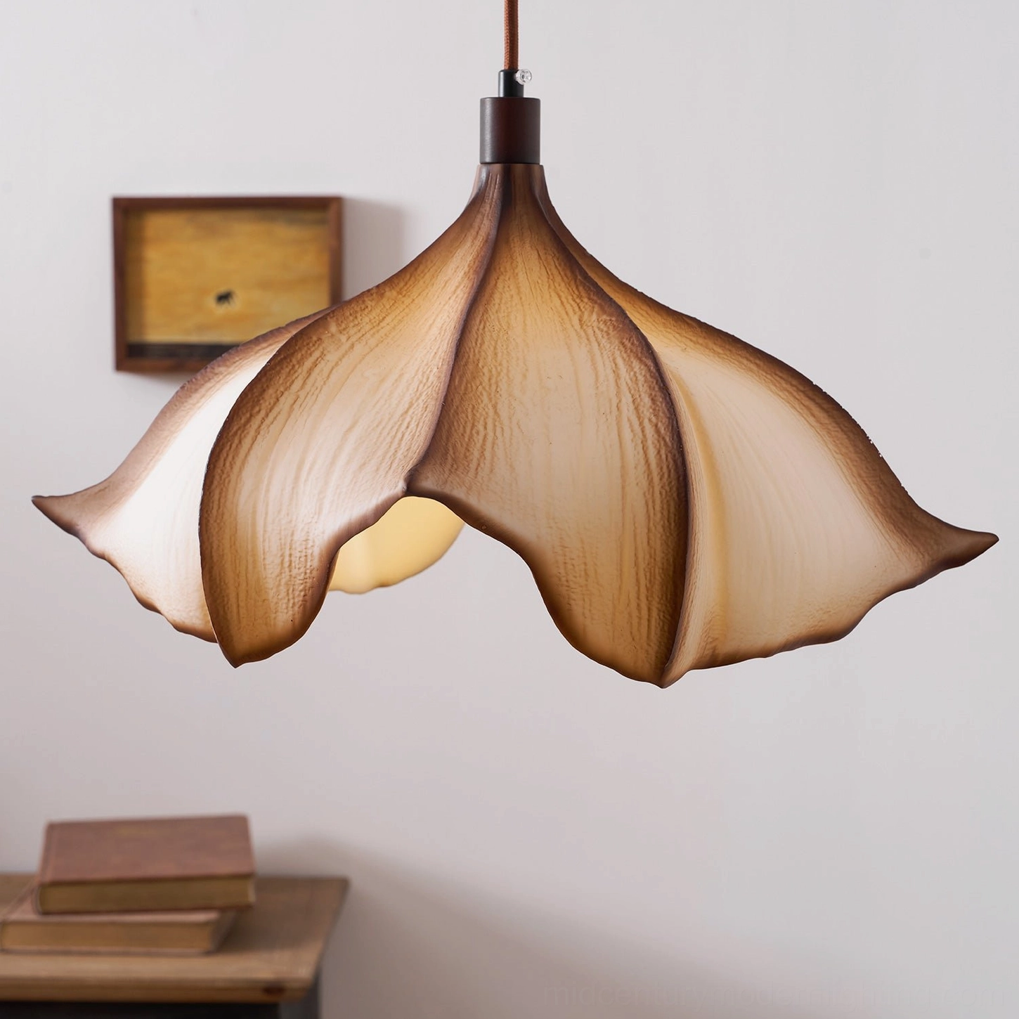 Viscontea 50cm mid-century modern pendant light dramatic backlit effect showing PETG diffusion
