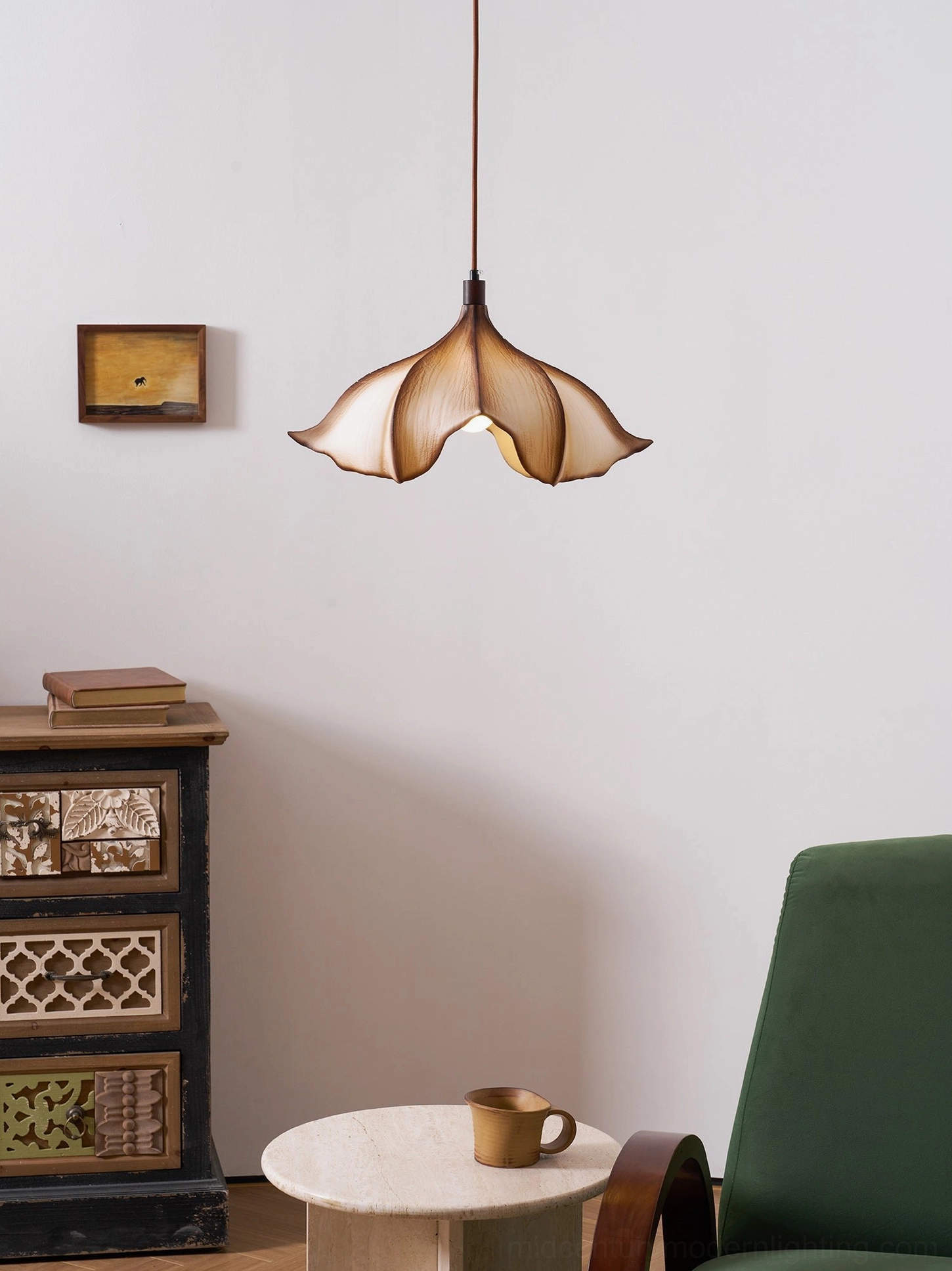 Viscontea 50cm pendant light in minimalist Scandinavian interior with natural wood furnishings