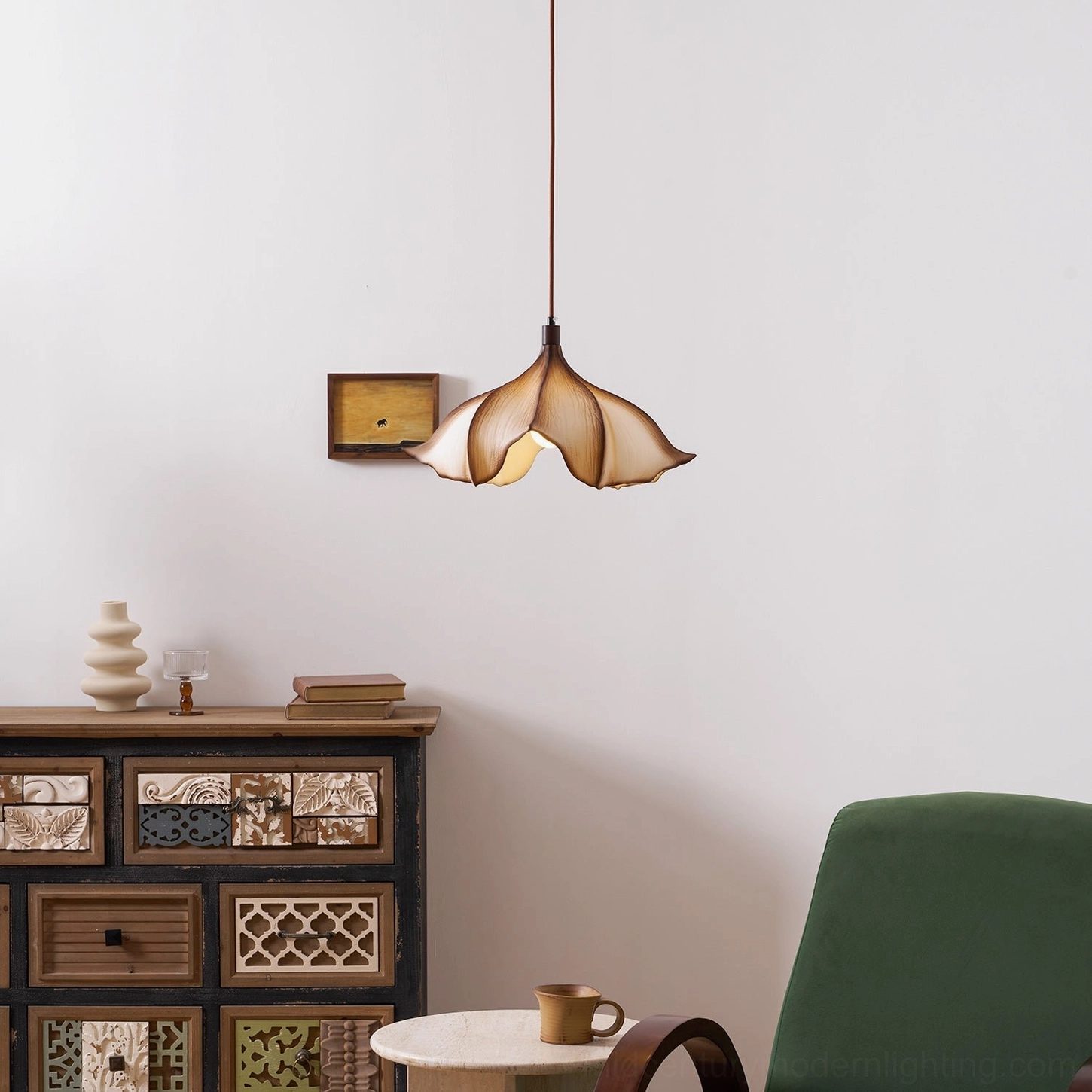 Viscontea 50cm pendant light sculptural form detail showing hand-shaped metal frame and polymer web