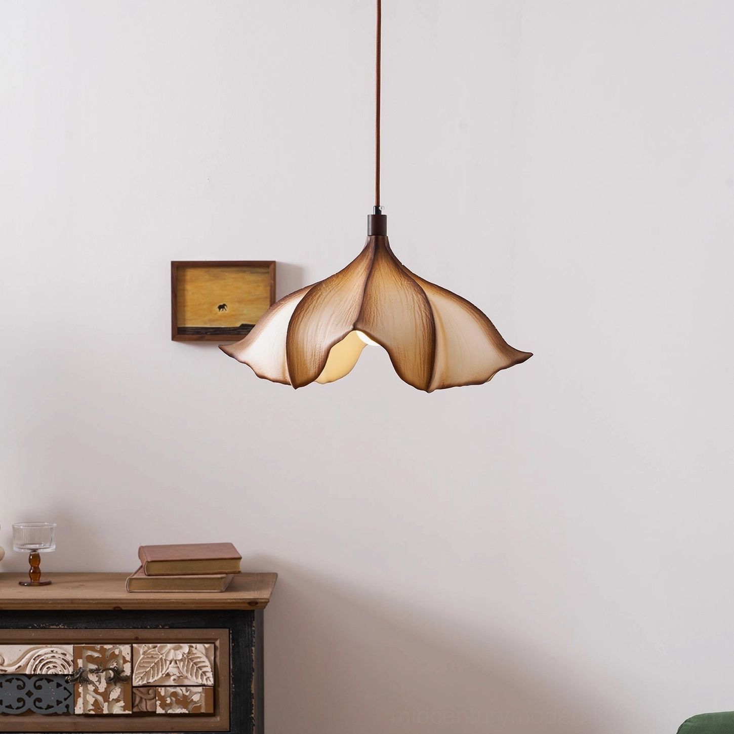Viscontea 50cm pendant light above dining surface showing warm PETG glow and shadow diffusion