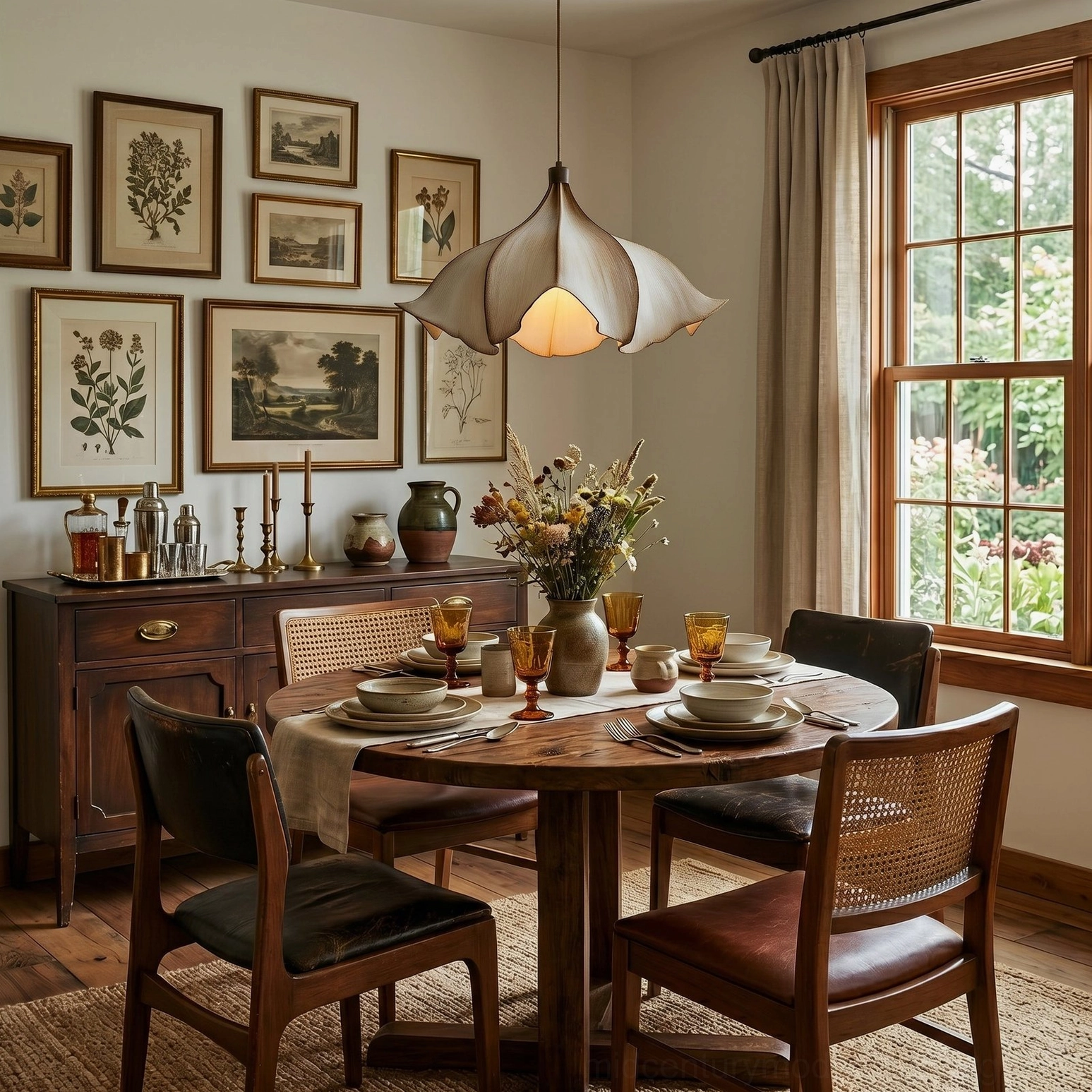 Viscontea pendant light above round dining table in cozy vintage space with framed art gallery wall and leather dining chairs