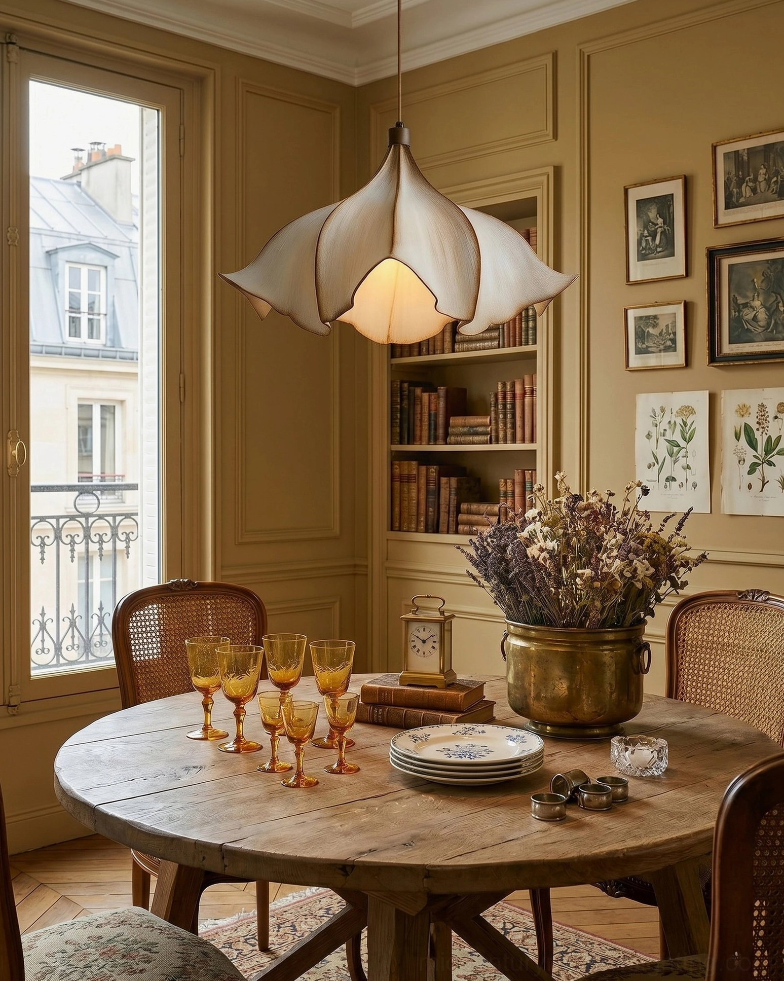 Viscontea pendant light hung above round wooden dining table in French vintage dining room with gallery wall art
