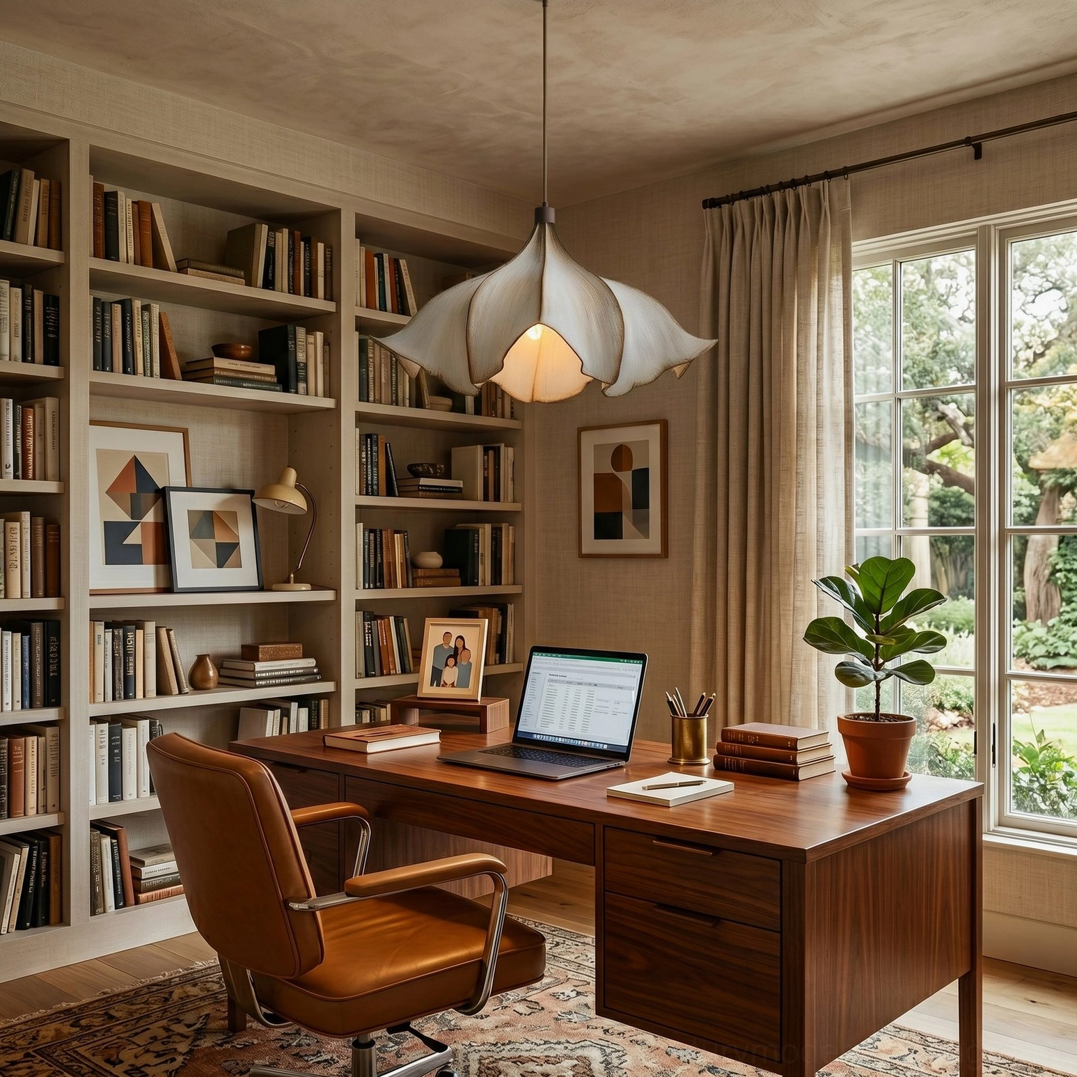 Viscontea pendant light hung above home office desk in vintage library with floor bookshelves and potted plant