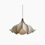 Viscontea mid-century modern pendant light with hand-spun PETG web and organic metal frame, frontal view against white background