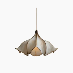 Viscontea mid-century modern pendant light with hand-spun PETG web and organic metal frame, frontal view against white background