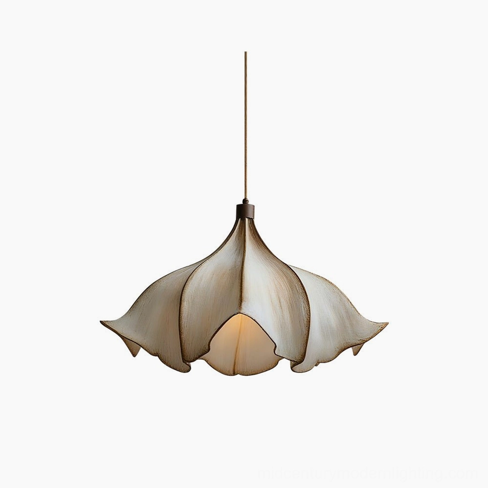 Viscontea mid-century modern pendant light with hand-spun PETG web and organic metal frame, frontal view against white background