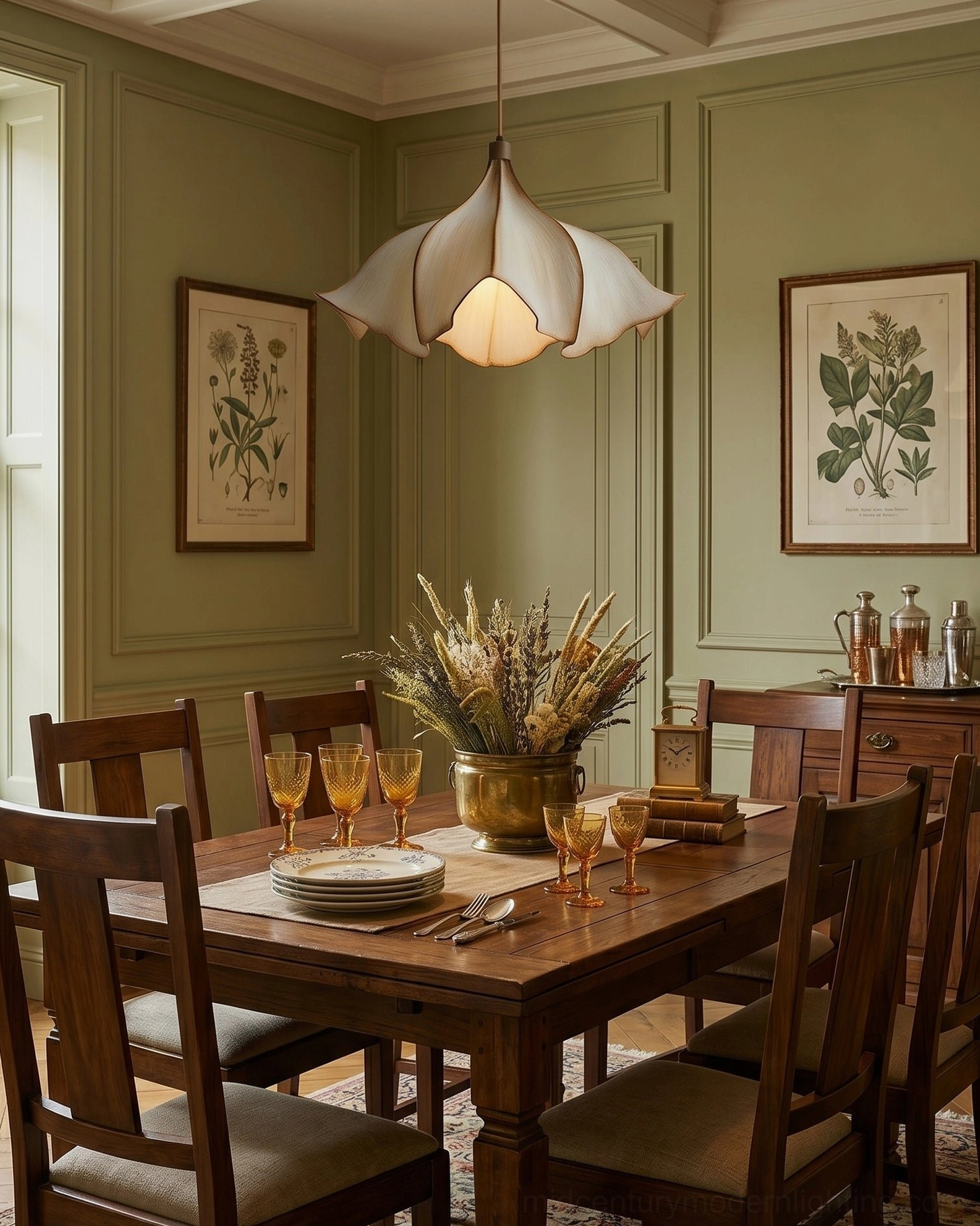 Viscontea mid-century modern pendant above rectangular dining table in sage green vintage dining area with botanical wall decor