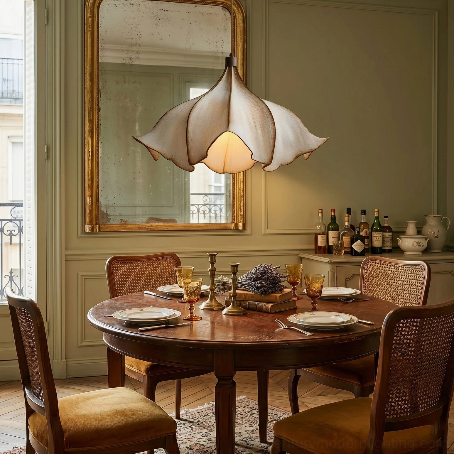 Viscontea pendant light suspended over round dining table in traditional vintage room with gilded mirror and woven chairs