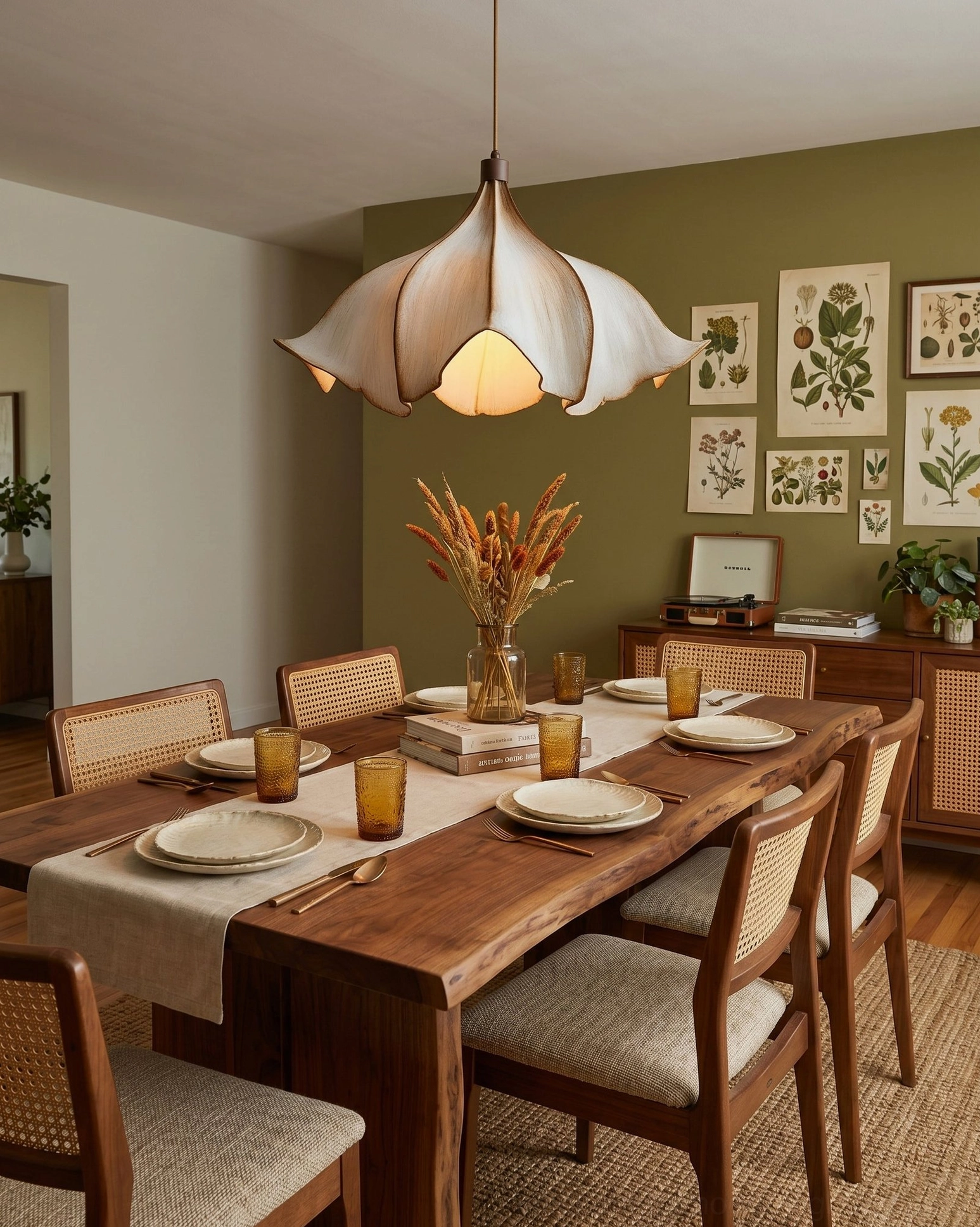 Viscontea mid-century modern pendant suspended over long dining table with floral arrangement and woven placemats