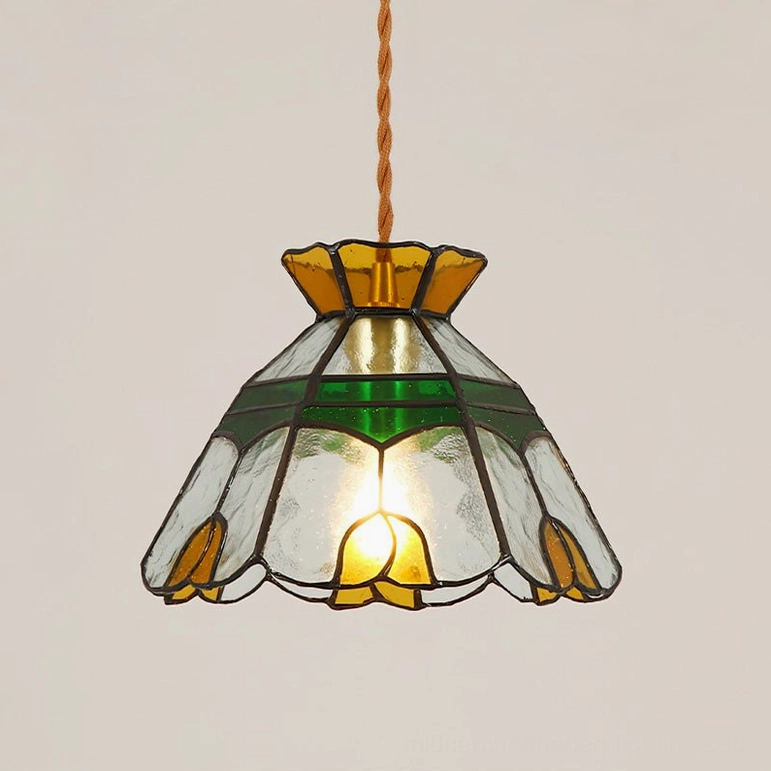 Black finish vitral stained glass pendant lamp with geometric tulip pattern against neutral background
