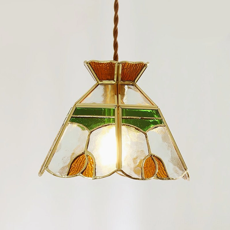 Gold finish vitral stained glass pendant lamp with handmade colored glass shade