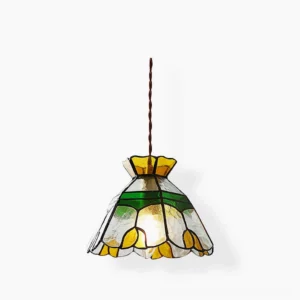 Handcrafted vitral stained glass pendant lamp with tulip pattern and brass frame on white background