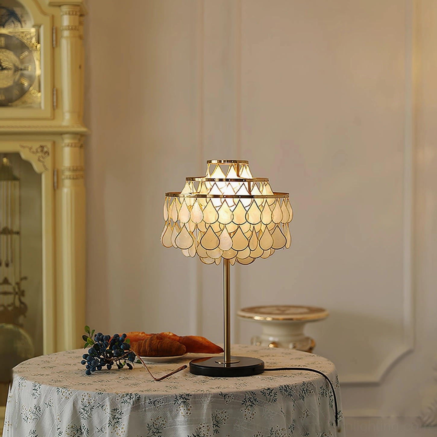 Vivant Shell Table Lamp elegant retro aesthetic with vintage classic cabinet and warm ambient lighting