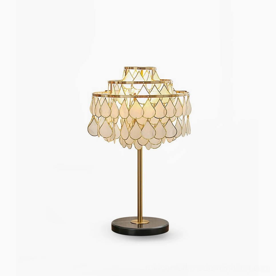 Vivant Shell Table Lamp mid-century modern three-tier design with gold hardware and black marble base front view
