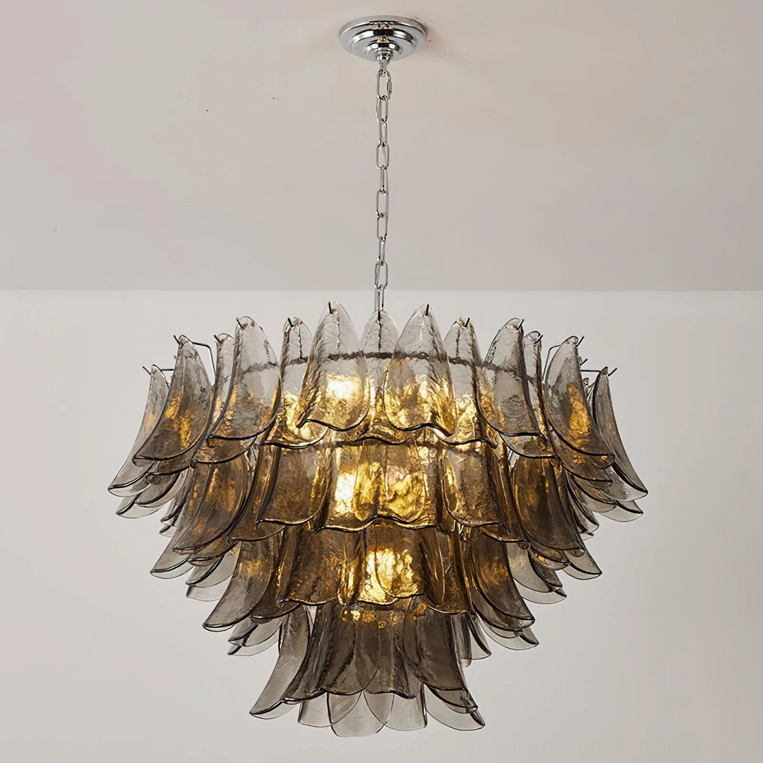 Vivienne glass chandelier low-angle front view showing tiered glass petals chrome ceiling mount
