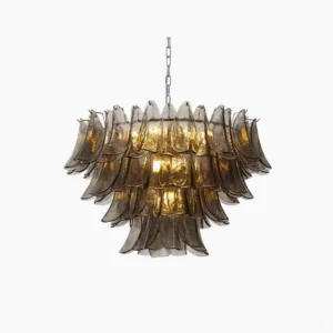 Vivienne glass chandelier front view with layered smoke-gray petal design and polished chrome hardware
