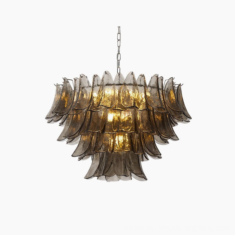Vivienne glass chandelier front view with layered smoke-gray petal design and polished chrome hardware