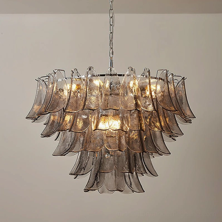 Large Vivienne glass chandelier wide tiered design with extra petal layers and chrome hanging system