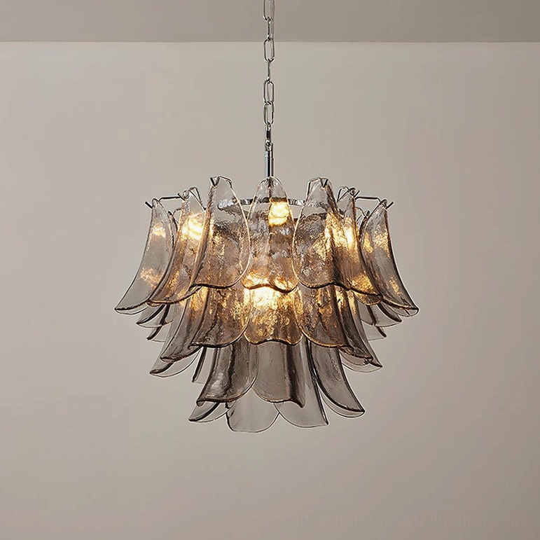 Small Vivienne glass chandelier compact tiered structure with nine lights and chrome suspension