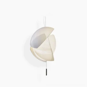 Voiles sculptural pendant lamp front view on minimalist white background showcasing asymmetrical fabric shade design
