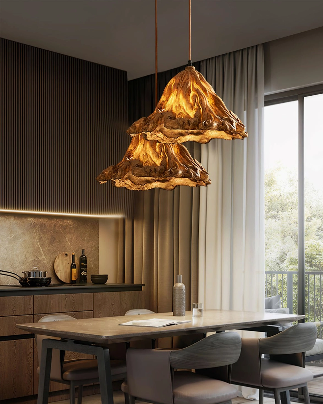 Two brown Volcano pendant lamps suspended above modern dining table with dark wood set and floor-to-ceiling windows