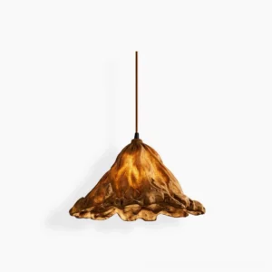 Volcano pendant lamp front view with ruffled resin shade and warm amber glow, handcrafted artisan lighting